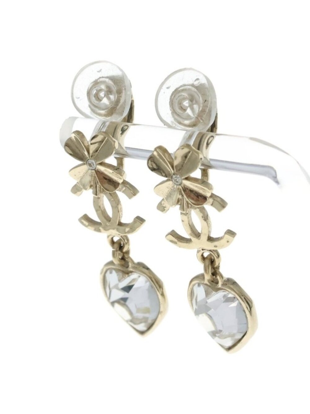 Chanel CC Logo Clover Heart Earrings Rhinestone Gold Plated